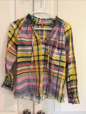 Vilagallo multi Striped Peasant Top - Yellow & Pink
